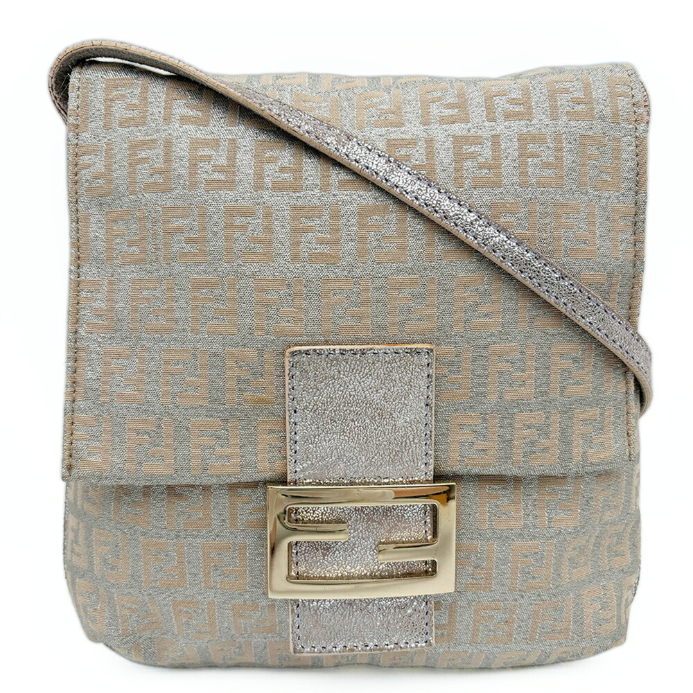 Fendi Zucchino Shoulder Bag, Canvas and Leather, Beige Silver Pouch